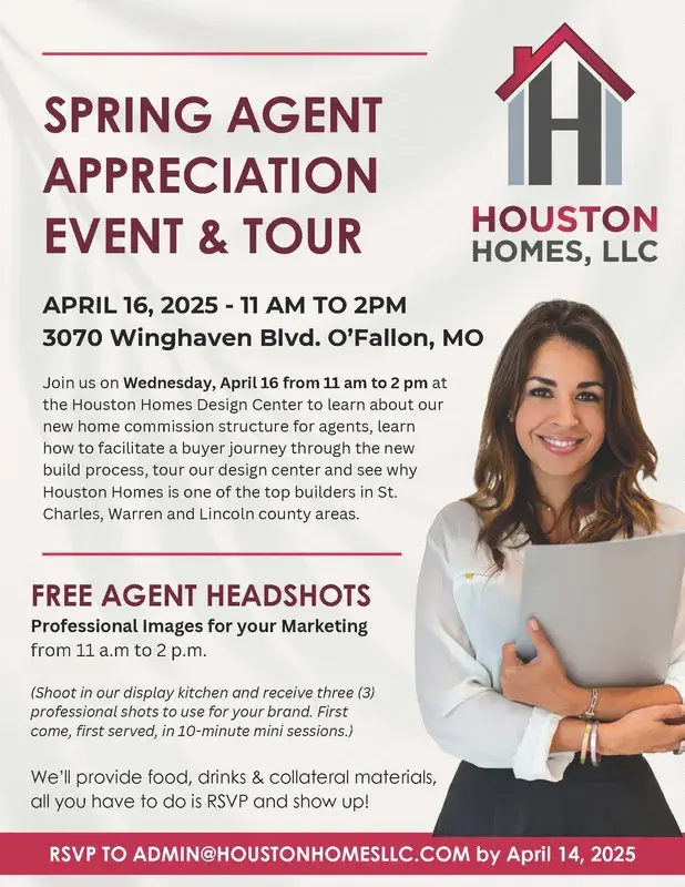 flyer with info on the spring realtor event at houston homes, girl with folder, logo in corner